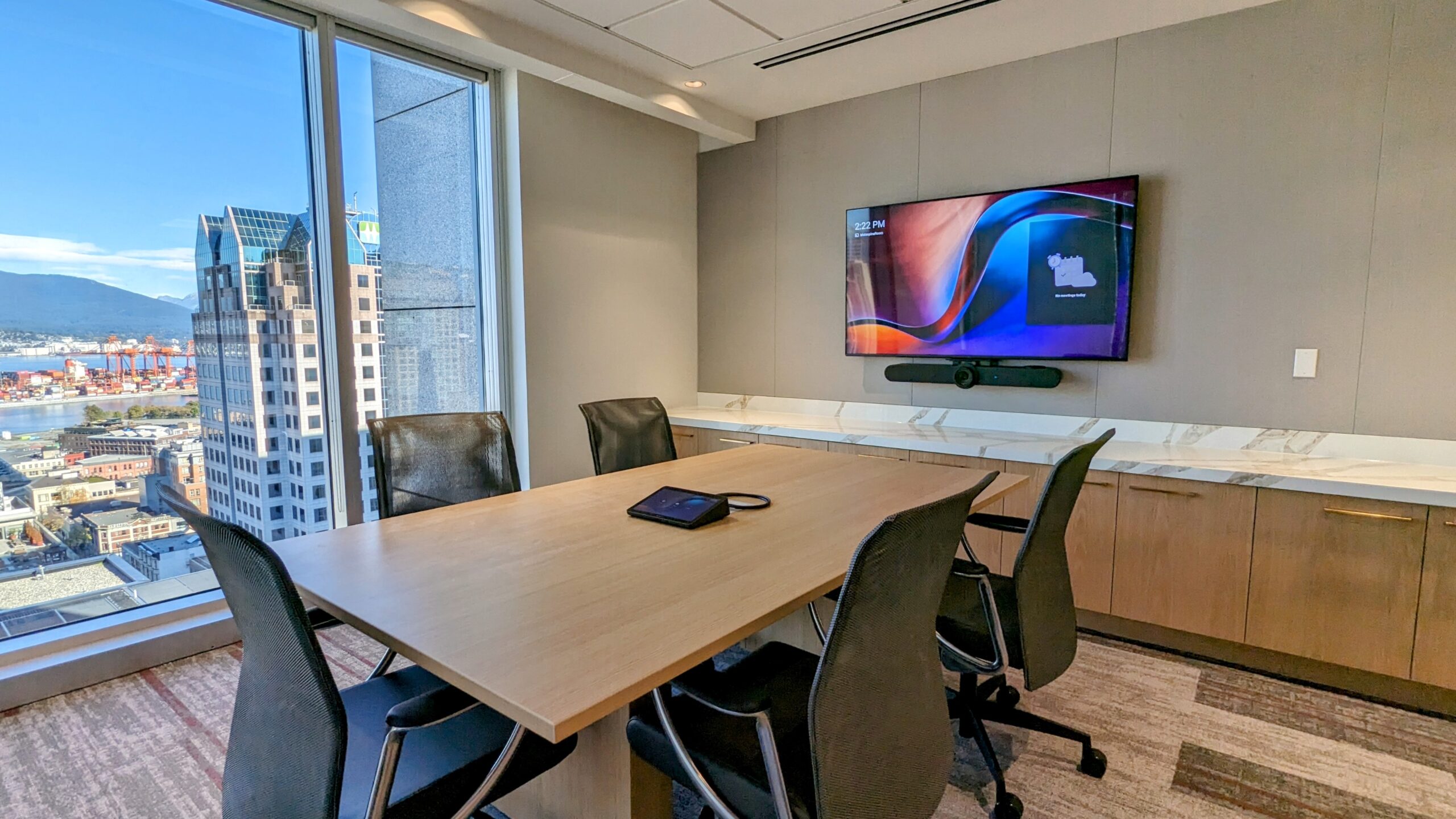 Malaspina Meeting Room at LK Law's new downtown Vancouver office - featuring video conferencing AV solutions from Logitech.